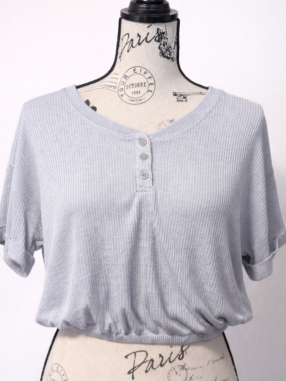 Pink Rose Heather Gray Ribbed Henley Crop Top